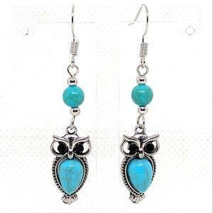 NEW Vintage Inspired Owl Dangle Earrings Silver Tone Faux Turquoise Beads Boho